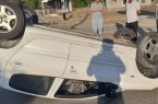 واژگونی پژو ۲۰۷ در بلوار اصلی شهر آبسرد/ حضور بهموقع آتشنشانان در صحنه حادثه